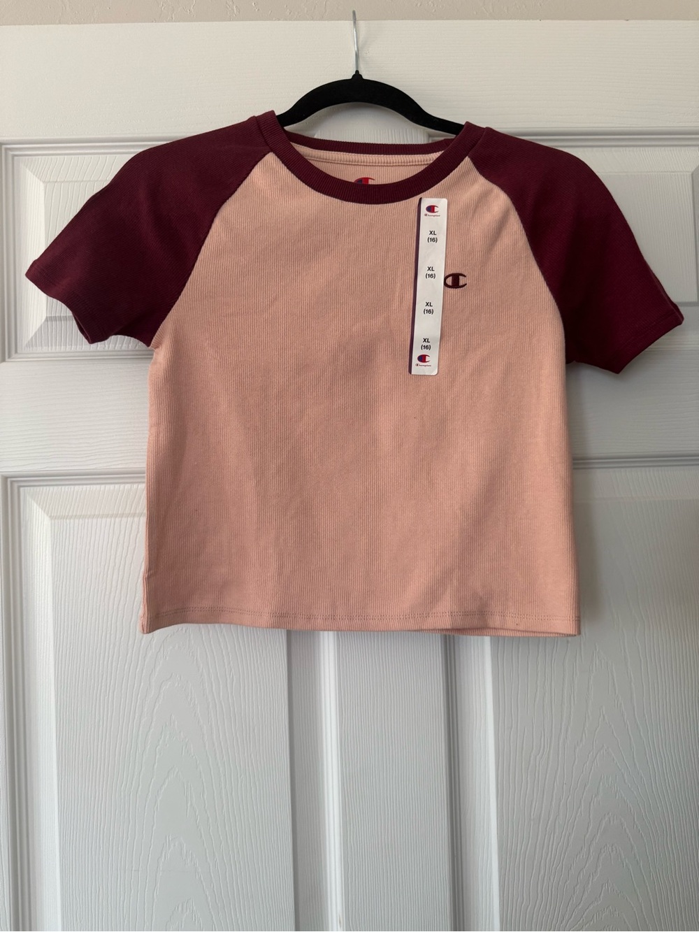 Champion Pink Crop Tee with Burgundy Raglan Sleeves